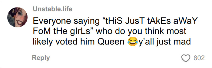 Screenshot of a social media comment defending Missouri&rsquo;s first male homecoming queen amid renewed hate after his viral win.