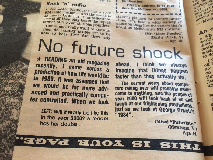 Old magazine clipping from the 1980s predicting a computer-controlled future, reflecting wild and weird era views.