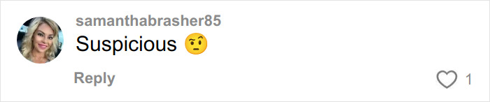 Comment on social media from user samanthabrasher85 expressing suspicion with a thinking face emoji about the mom who left 6-month-old baby alone on beach.