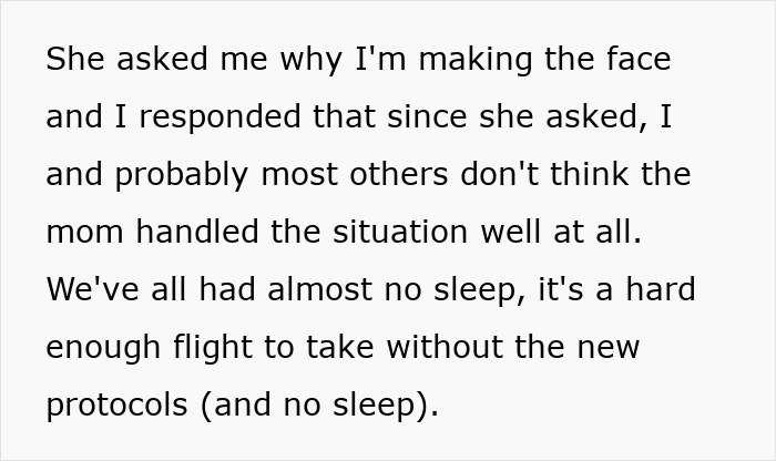Text excerpt about a passenger confronting a mom over her handling of an 8-hour toddler meltdown during a flight.