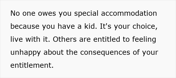Text on a white background stating no one owes special accommodation for having a kid during an 8-hour toddler meltdown on a flight.