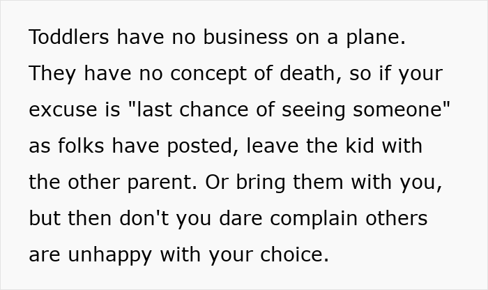 Text discussing passenger confrontation with mom after an 8-hour toddler meltdown about handling the situation poorly.