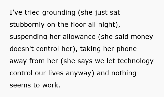 Text excerpt showing a mom admitting she likes one daughter more and struggling to discipline her effectively.