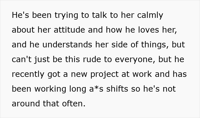 Text excerpt discussing a man addressing his partner&rsquo;s attitude while managing work stress and long shifts.