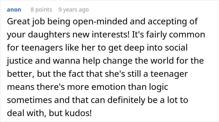 Comment praising a mom for being open-minded about her daughters amid struggles with favoring one more than the other.