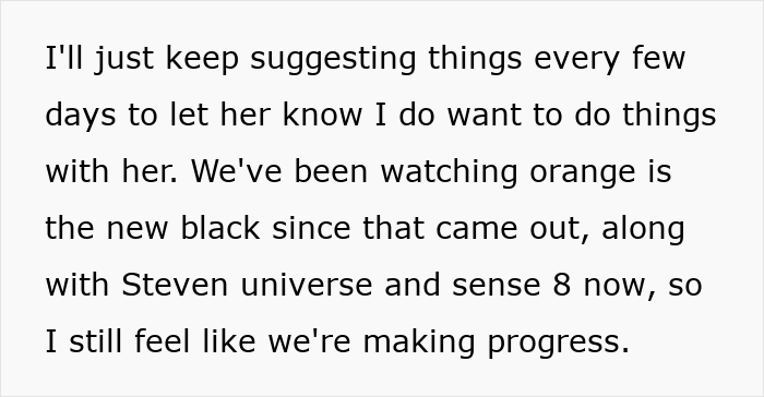 Text excerpt showing a mom admitting she likes one daughter more than the other while trying to connect and make progress with her.