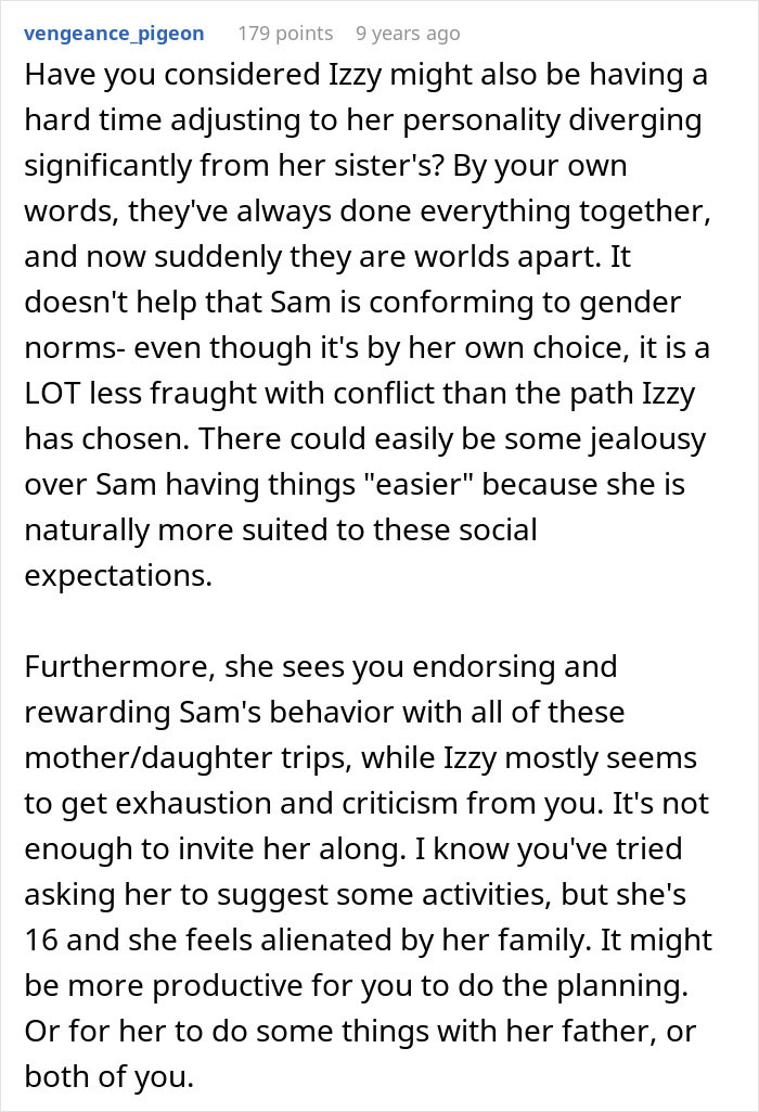 Comment discussing mom admitting she likes one daughter more than the other and struggles with favoritism issues.