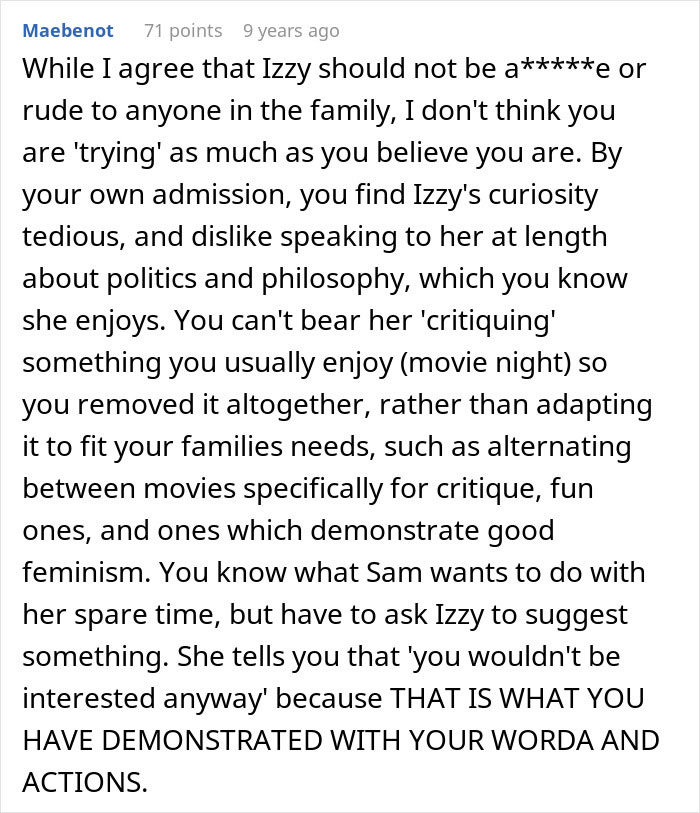 Screenshot of an online comment discussing a mom admitting she likes one daughter more than the other and struggles to hide it.