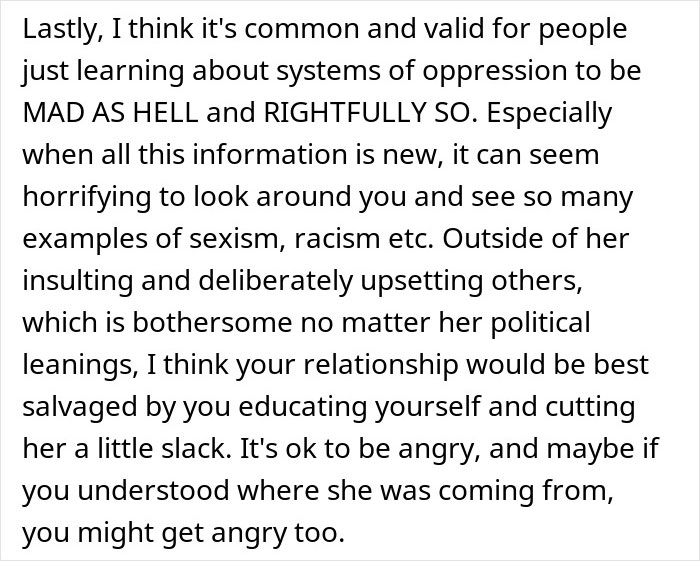 Text excerpt discussing common reactions to learning about oppression, sexism, and racism, relating to mom admits she likes one daughter more than the other.