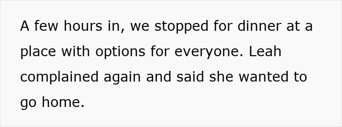 Text excerpt about a 12-year-old complaining at a birthday gathering and wanting to go home early.