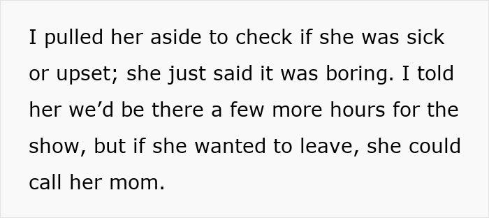 Text excerpt describing a 12-year-old finding a birthday party boring and asking to go home, causing tension between moms.