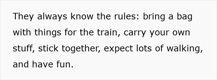 Text about rules for a train trip including bringing a bag, carrying own stuff, sticking together, walking, and having fun
