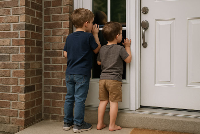 Two young boys peeking through a front door window, illustrating neighbor blame over privacy and kids looking inside.