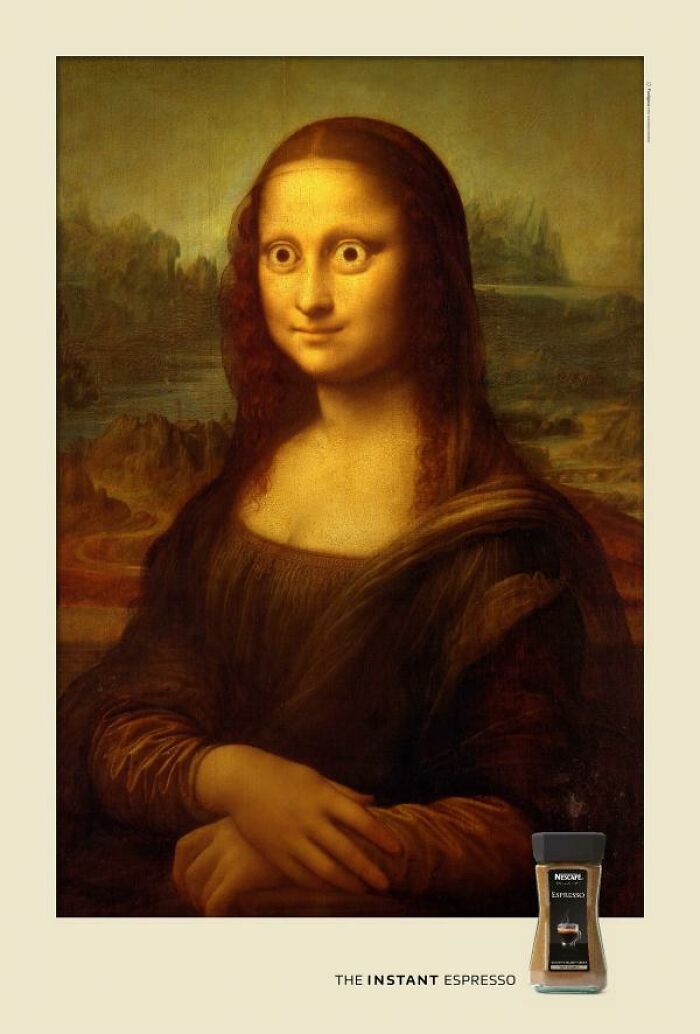 Mona Lisa with exaggerated eyes in a clever ad campaign for instant espresso featuring the iconic painting.