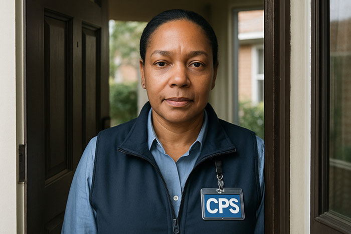 Child Protective Services worker at the door investigating a case involving toxic in-laws and a newborn infant dispute.