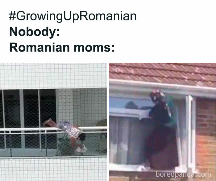 Meme showing Romanian moms doing extreme acts, relatable for people raised in Eastern Europe humor.