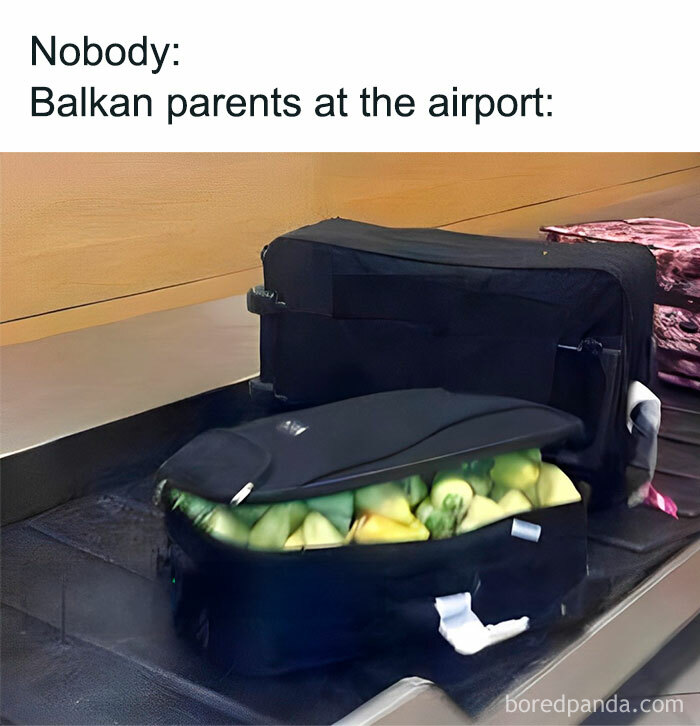 Suitcase filled with fresh produce on airport conveyor belt representing Eastern Europe humor and culture memes.