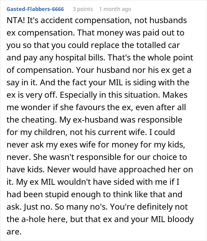 Comment discussing car accident settlement money used to buy a new car and family conflict involving husband's ex.