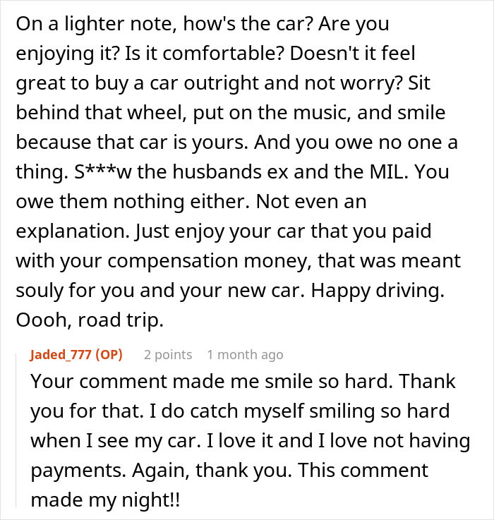 Woman enjoys new car bought with car accident settlement money while dealing with husband's ex reaction.