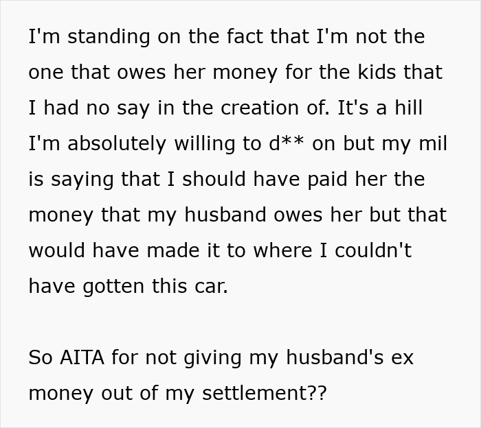 Alt text: Woman explains using car accident settlement money to buy a new car, sparking conflict with husband&rsquo;s ex.