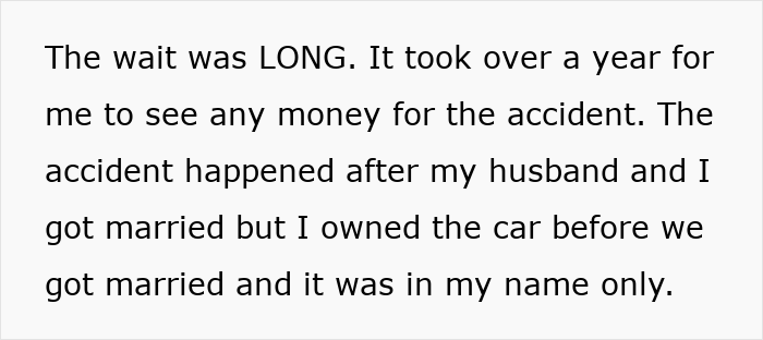 Woman reflecting on car accident settlement money after a long wait, explaining ownership before marriage.