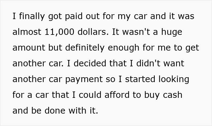 Text about a woman using her car accident settlement money to buy a new car without taking a loan or payments.