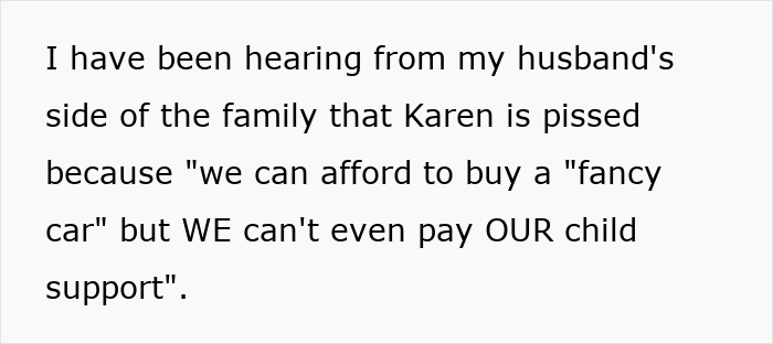 Text showing a woman&rsquo;s family upset after she uses car accident settlement money to buy a new car.