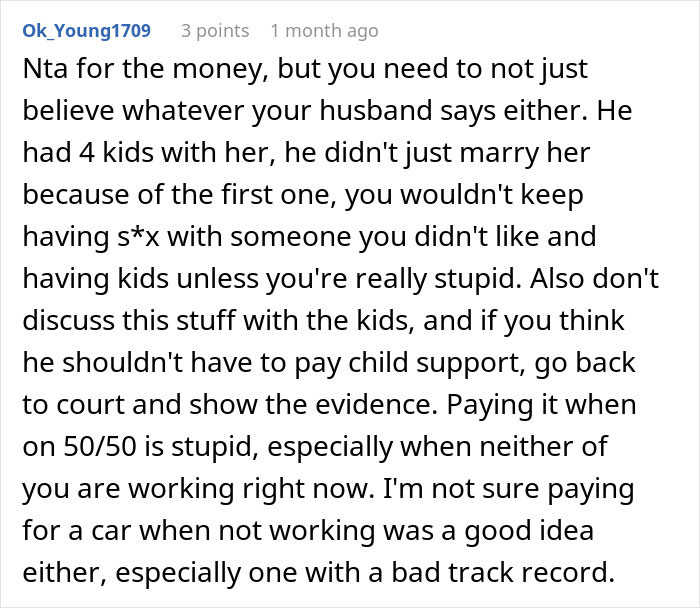 Comment discussing car accident settlement money and the husband's ex in a heated online conversation.