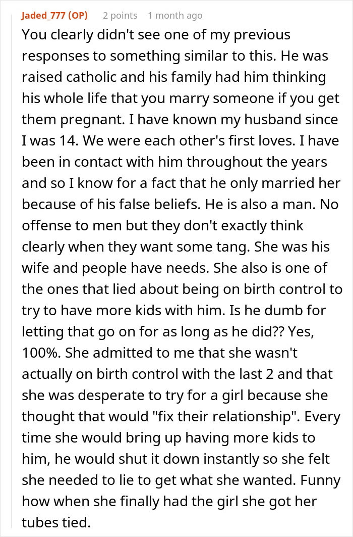 Comment thread discussing husband's beliefs and family issues after car accident settlement money leads to new car purchase.