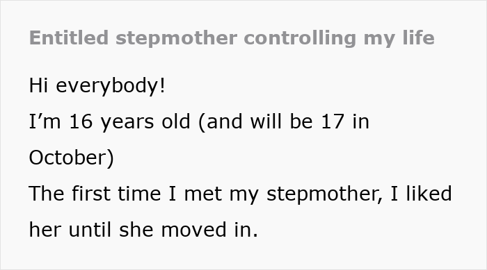 Text post titled entitled stepmother controlling my life, describing a teenager’s experience with stepmother control in family relationship. Text post titled entitled stepmother controlling my life, describing a teenager’s experience with stepmother control in family relationship.