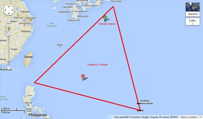 Map showing the Dragon’s Triangle in the ocean, one of the weird and suspicious phenomena that happened in the ocean.