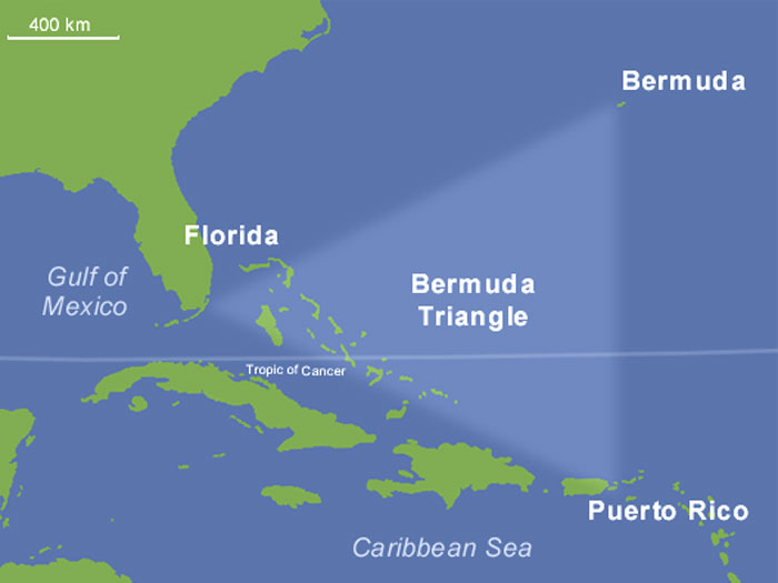 Map showing the Bermuda Triangle area between Florida, Bermuda, and Puerto Rico with ocean and sea labels.