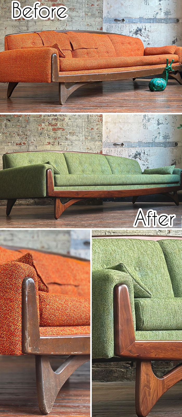 Before and after photos of a restored vintage sofa showcasing fabric and wood frame restoration for landlord special.
