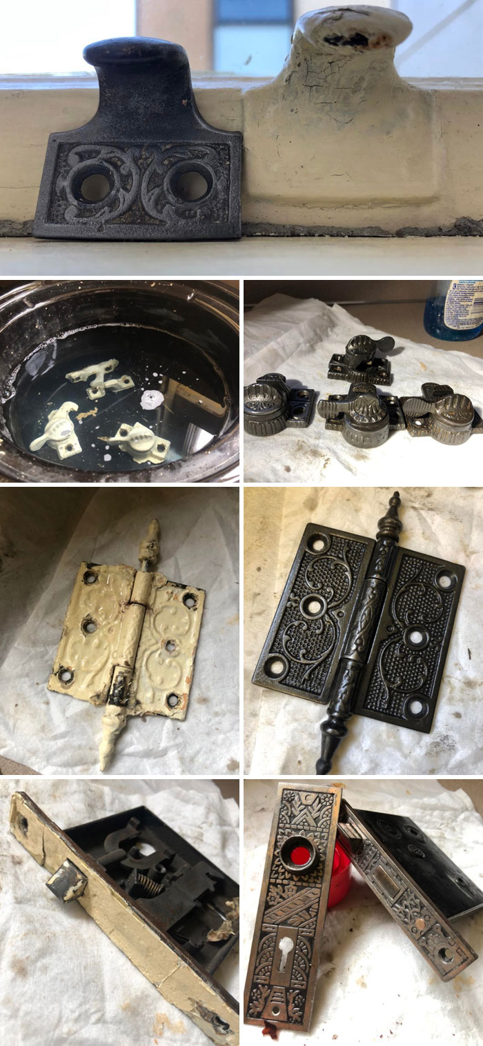 Before-and-after restoration of vintage landlord hardware including hinges, locks, and window latches to original glory