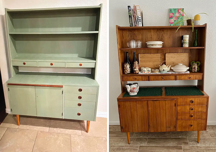 Before and after restoration of a vintage wooden cabinet showcasing the landlord special restoration to original glory