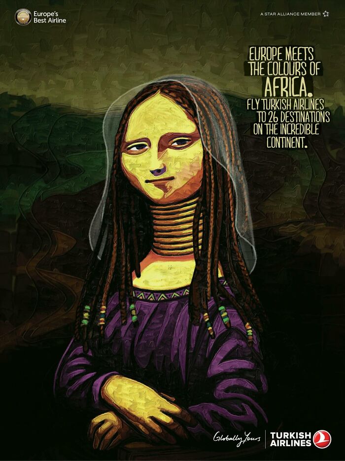 Mona Lisa reimagined with African style in a Turkish Airlines ad showcasing clever campaigns featuring the iconic painting.