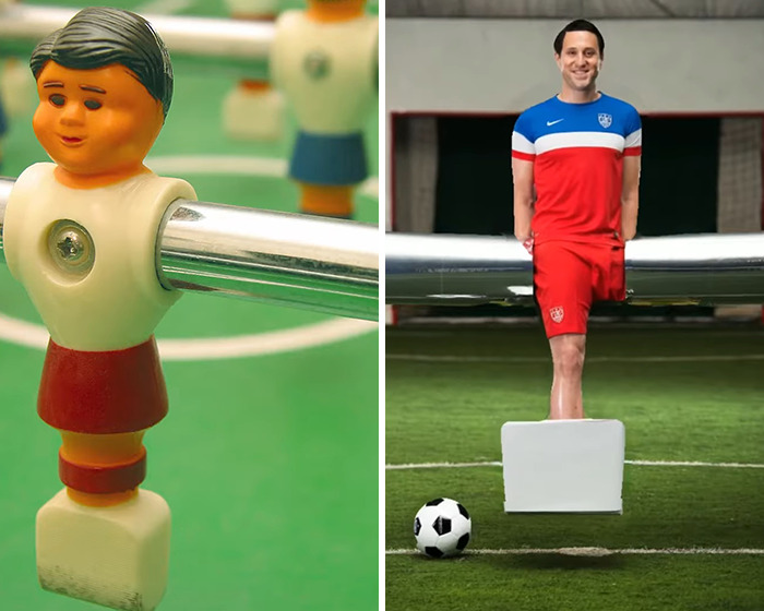 One-legged man wearing a foosball player Halloween costume on a soccer field with a ball nearby.