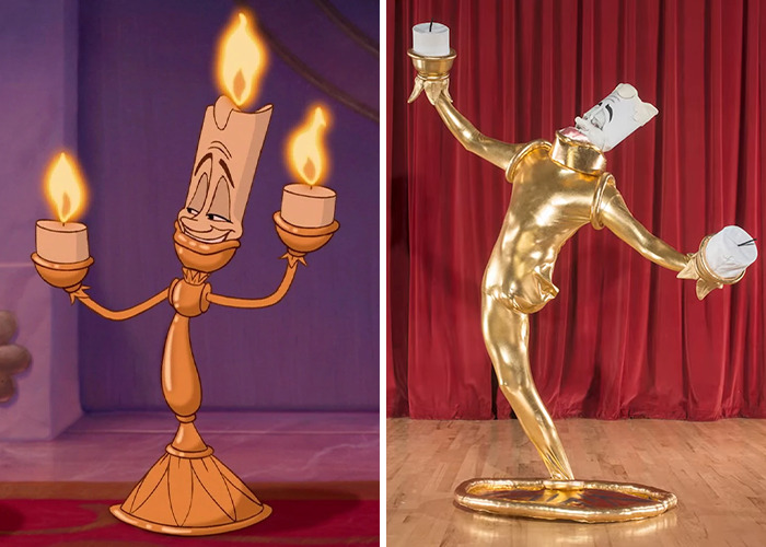 One-legged man in a creative Halloween costume as a golden candelabra inspired by a famous animated character.