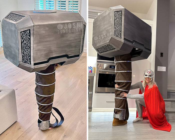 One-legged man in a creative Thor hammer Halloween costume, showcasing unique and hilarious viral outfit ideas.