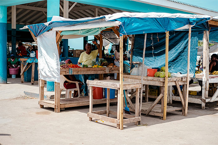 Outdoor market stall with a vendor selling fruits and vegetables, capturing clueless moments young people might say.