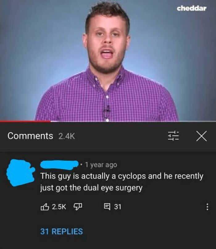 Person in purple shirt speaking in a video with a hilarious YouTube comment about cyclops eye surgery below.