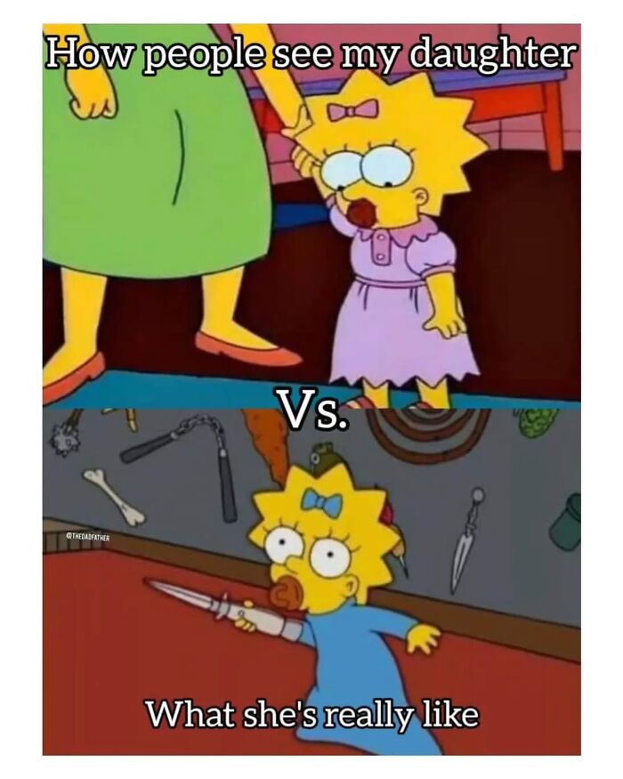 Cartoon meme showing parenting chaos with a baby holding a knife, illustrating love and 50% laundry struggles.