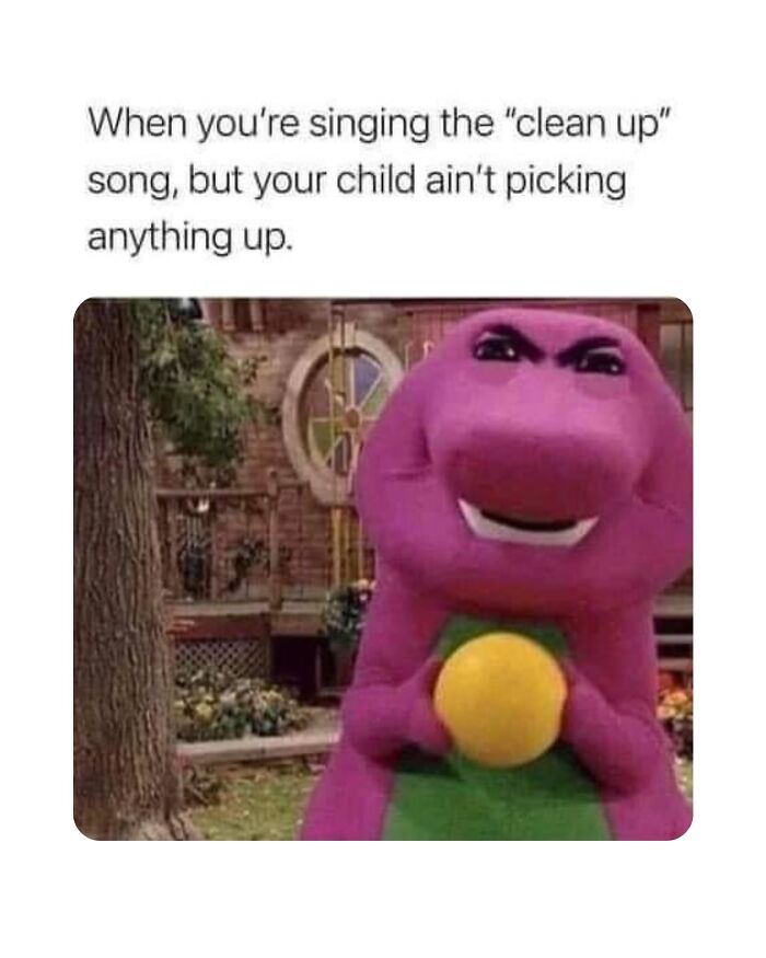 Funny parenting meme showing frustrated Barney the dinosaur highlighting chaos and challenges of parenting and laundry.
