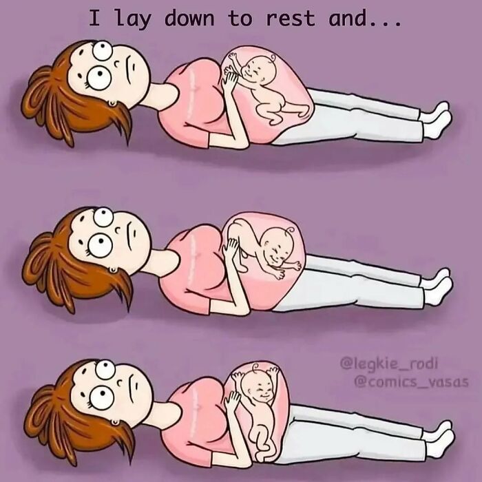 Cartoon of a tired mom lying down with a baby shifting positions, illustrating parenting chaos and lack of rest.