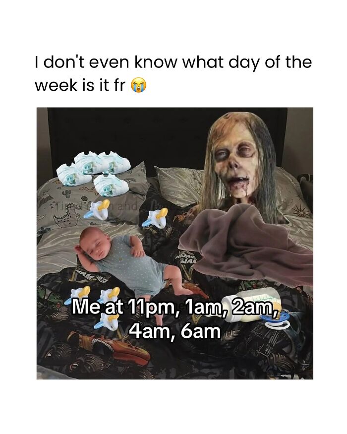 Tired parent with newborn baby surrounded by diapers and pacifiers, highlighting the chaos and sleepless nights of parenting.