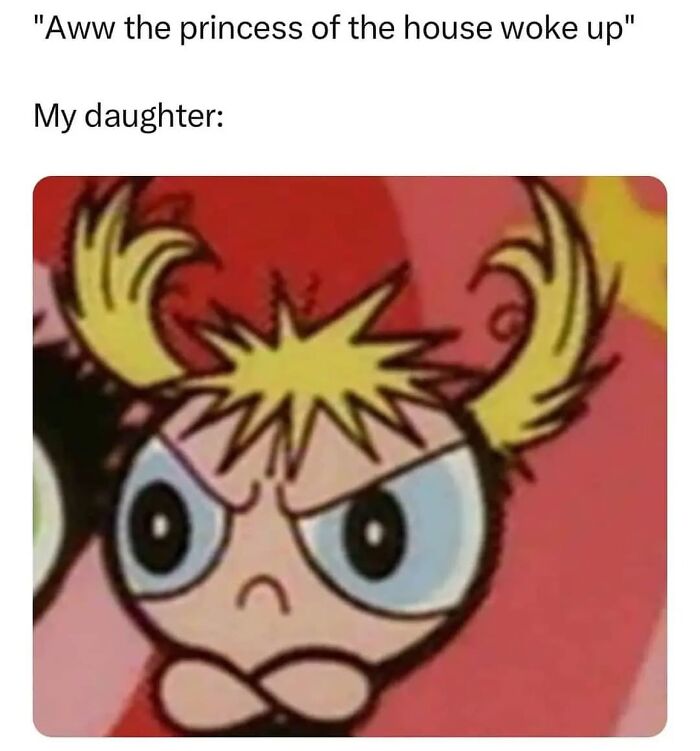 Angry cartoon daughter with crossed arms reacting to waking up, illustrating parenting chaos and challenges humorously.