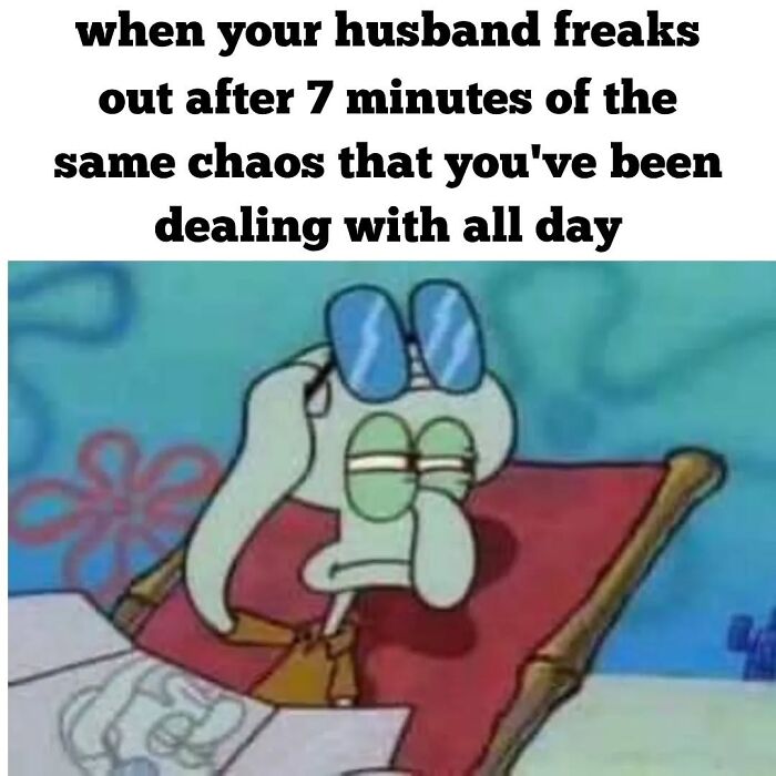 Cartoon character showing tired expression with text about dealing with parenting chaos and lack of sleep.