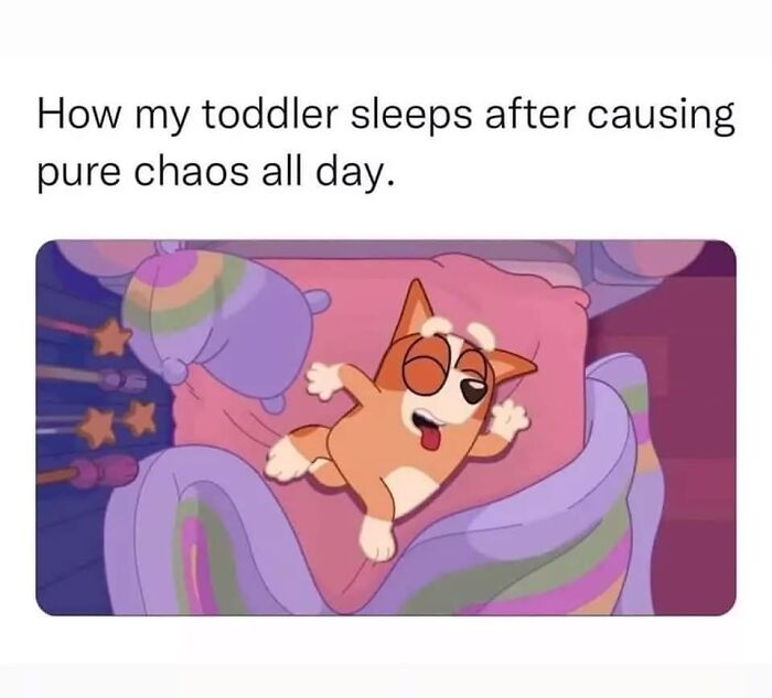 Toddler cartoon sleeping peacefully after causing chaos, capturing the humor of parenting chaos and sleepless nights.