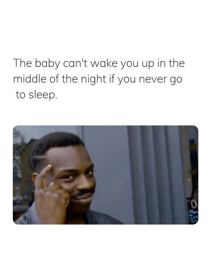 Meme about parenting and sleep deprivation showing a man pointing to his head with text about babies waking parents at night.