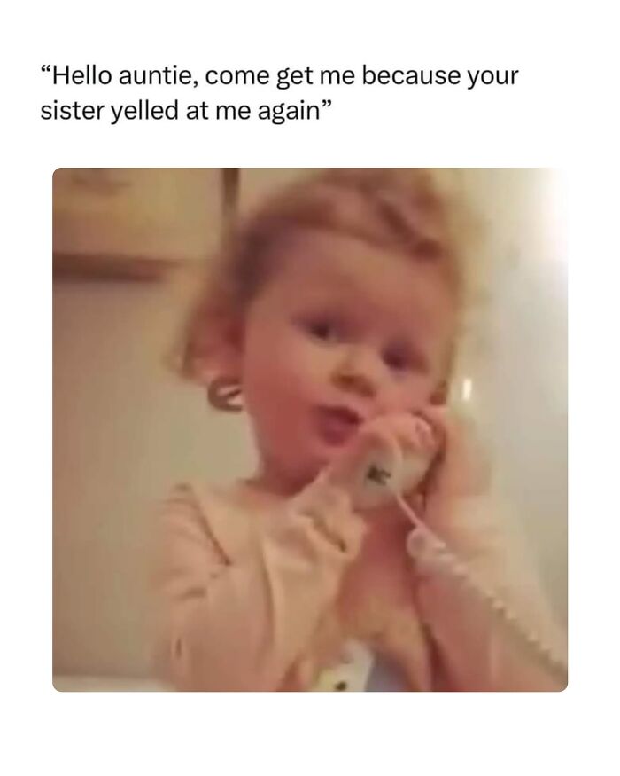 Toddler talking on a phone with a humorous caption, capturing the chaos and humor of parenting moments in memes.